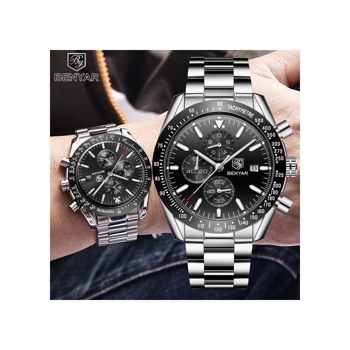 Montre - BENYAR - Chronographe - Acier inoxydable - Résistante à l'eau - Quartz