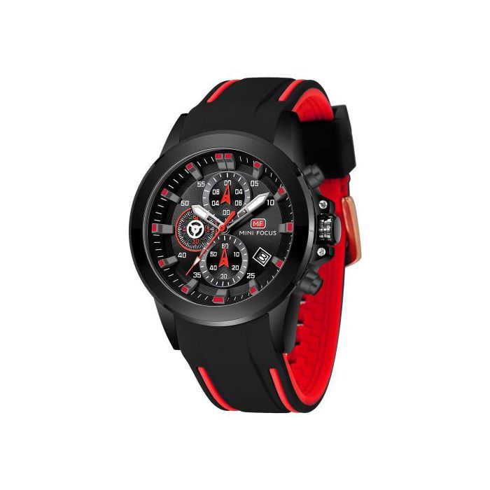 Montre - MINI FOCUS - Chronographe - Silicone Noir - Cadran Rouge - Étanche
