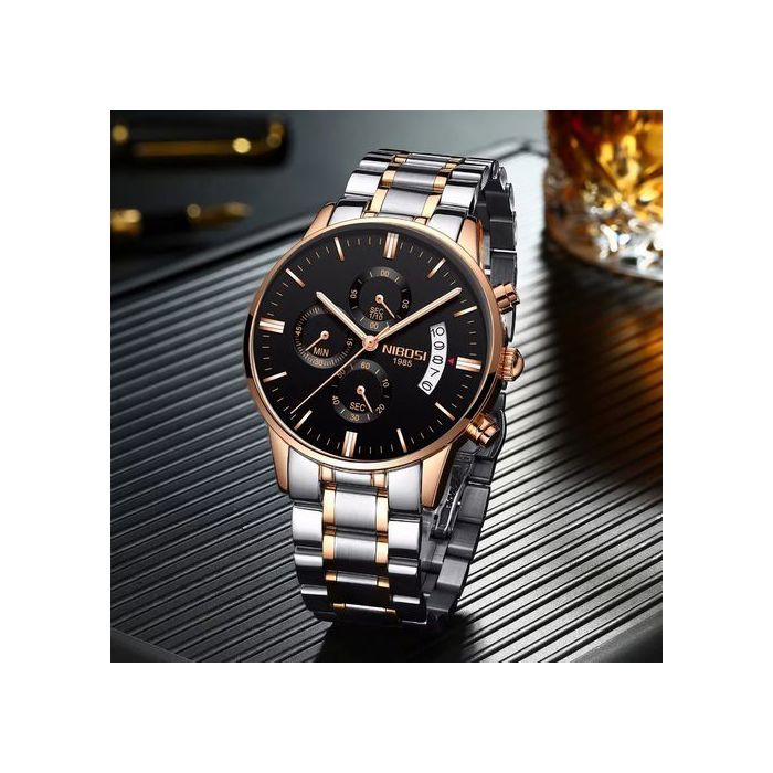 Montre homme - NIBOSI - Chronographe - Acier inoxydable - Doré - Résistante à l'eau