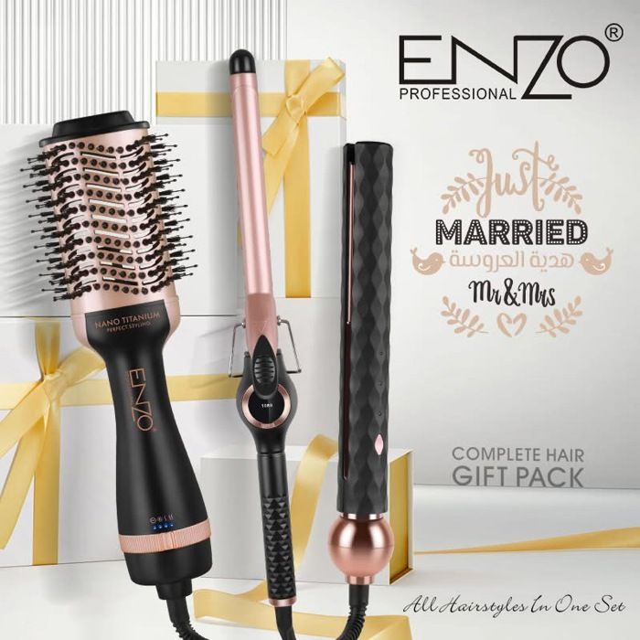 Pack ENZO outils de coiffure – Offre spéciale : peigne électrique lissant & bouclant + brosse séchoir à air chaud 3 en 1.
