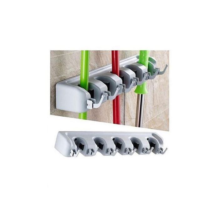 Porte Balai Mural a 5 Compartiments + 5 Crochets Rabattables GRIS