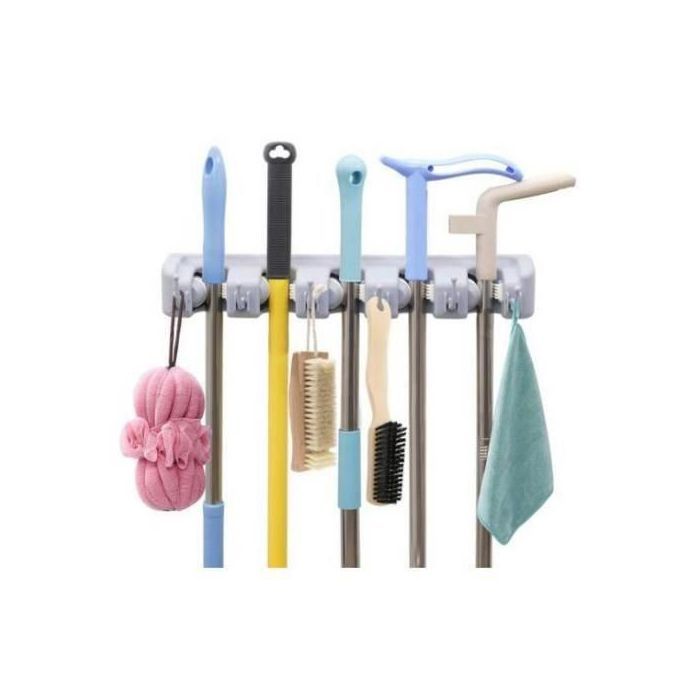 Porte-balais mural pour rangement dans la cuisine , accroche tout 5 Compartiments 6 Crochets