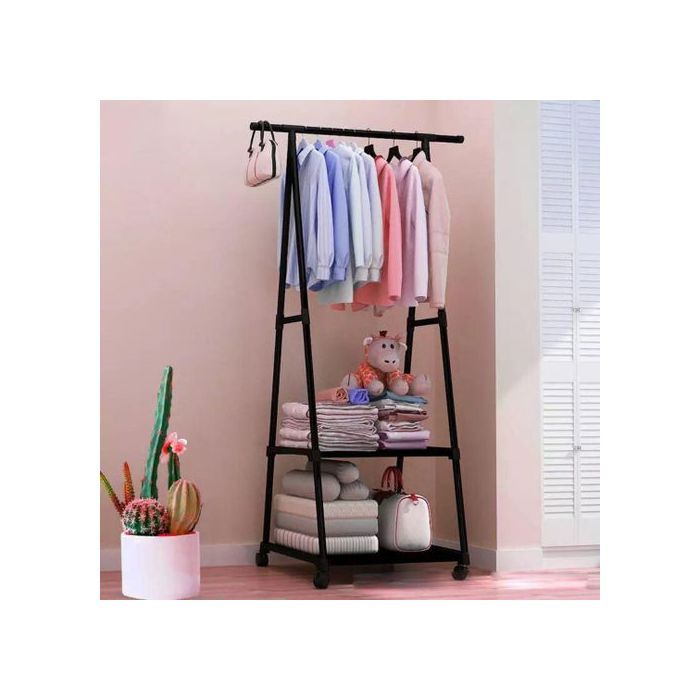 Porte-vêtements amovible de chambre à coucher avec roulettes porte-manteau et 2 étagères pour chaussures -NOIR-