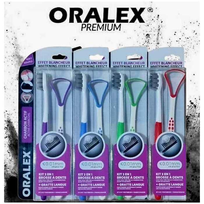 Kit dentaire - ORALEX - Pack Quatre 2in1 - Brosse à dents en poils de charbon - Gratte langue - Multicouleurs