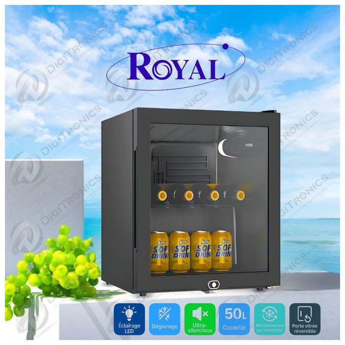 Royal Mini-Bar 50L Porte Vitrée Réversible, Silencieux, Éclairage LED, Fermeture à Clé, SC-50