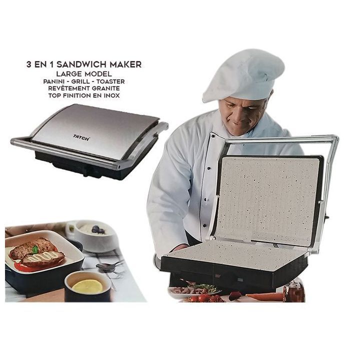 Grill Panini TATCH 3-en-1 1800W - Revêtement Céramique Antiadhésif - Finition Inox - Ouverture 180°