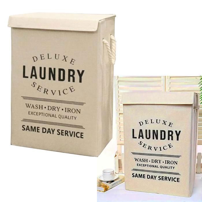 Panier à linge pliable Grande Capacité avec couvercle et poignées en corde – Beige