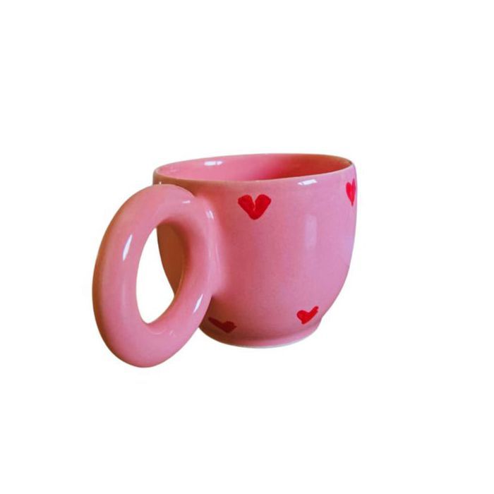 Mug Rose en Céramique avec Cœurs Rouges – Tasse à Café, Design Original et Poignée Ronde