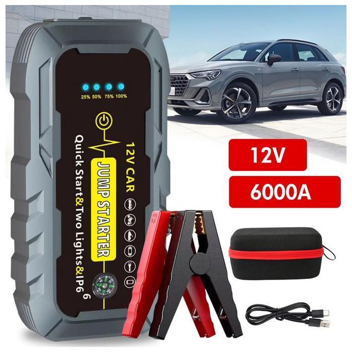 Jump Starter - Démarreur de Voiture Portable 12V (Lithium) : Intelligent avec Protection Anti-Erreur et Lampe LED Intégrée.