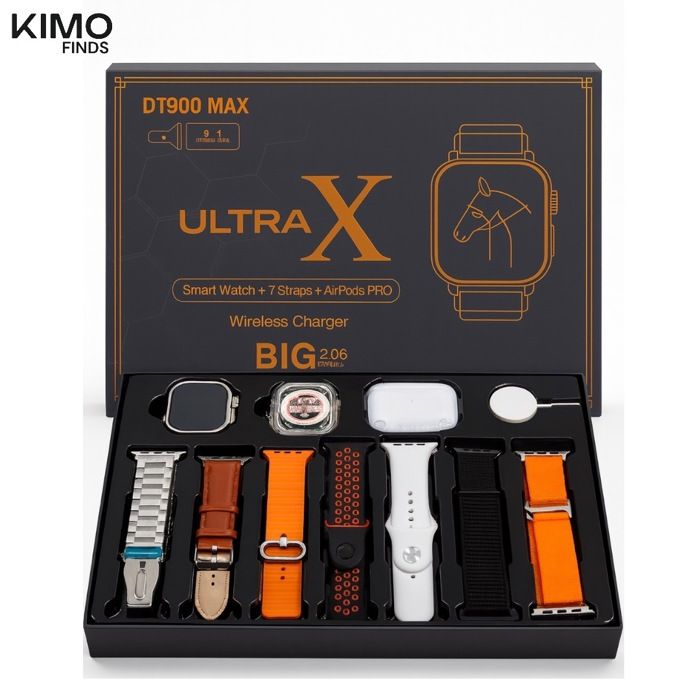 Coffret ULTRA X DT900 MAX : Smartwatch écran 2.06’’, 7 bracelets, AirPods Pro et chargeur sans fil. Compatible iOS & Android