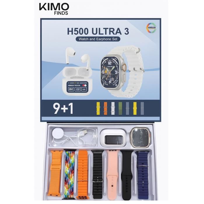 Coffret H500 ULTRA 3 : smartwatch AMOLED + écouteurs Bluetooth + 9 bracelets, chargeur sans fil, compatible iOS & Android