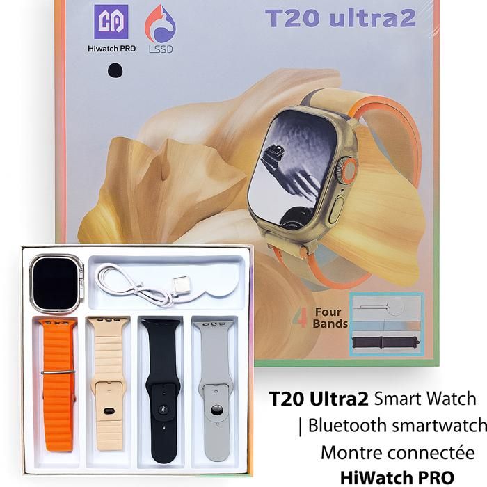 Smartwatch HiWatch PRO T20 Ultra2 avec 4 bracelets interchangeables, Bluetooth, chargeur magnétique. Compatible iOS & Android