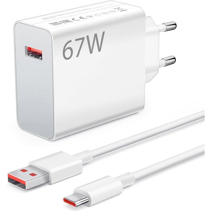 Chargeur rapide 67W USB-C — Blanc avec câble inclus — Compatible Xiaomi, Redmi & POCO