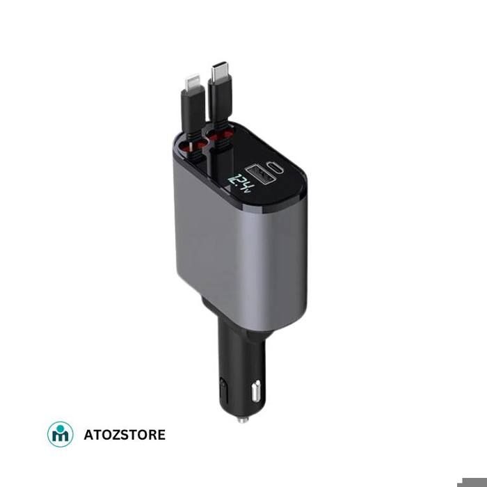 Chargeur de Voiture Ultra-Rapide 4-en-1 – USB & USB-C – Câbles Rétractables Intégrés (iPhone & Type-C) – Couleur Aléatoire