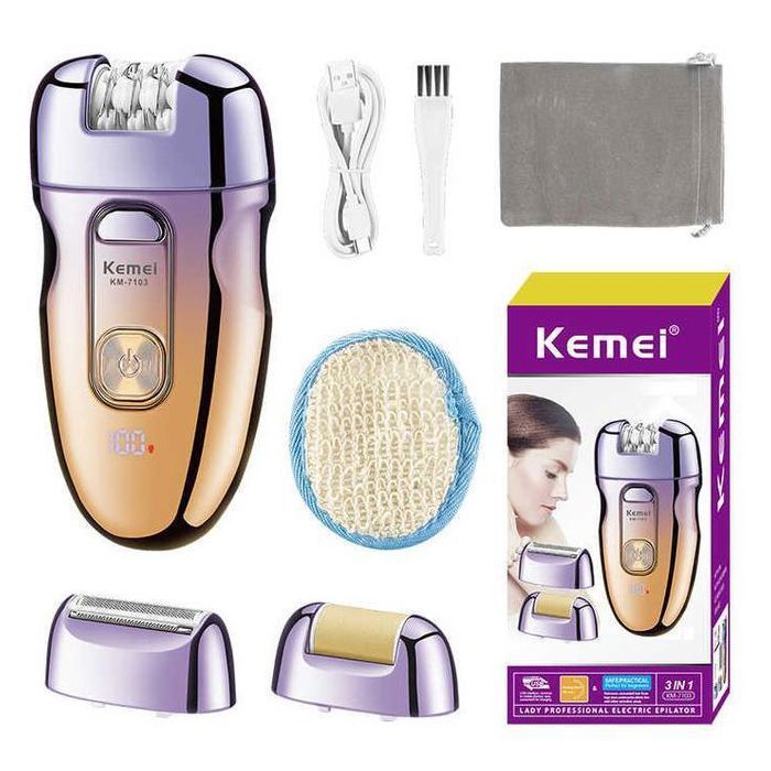 KEMEI - Épilateuse Électrique KM-7103 3 en 1 avec Nettoyage du Visage et Batterie Rechargeable sans Fil