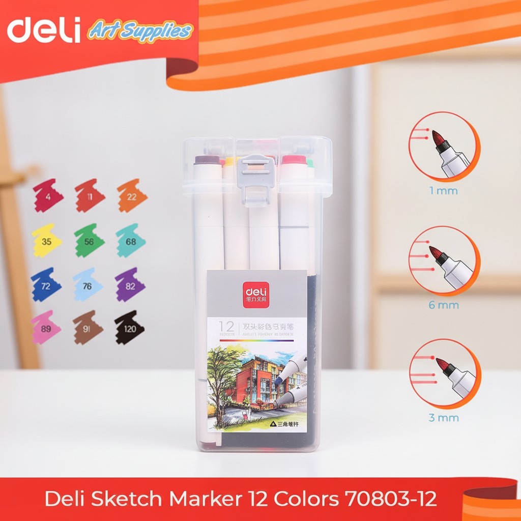 Marqueur de dessin - DELI - Boîte de 12 couleurs - Pointe extra fine - 2 têtes - Encre pigmentée (couleur et disgn aléatoir) - Marjane Mall - Image 2