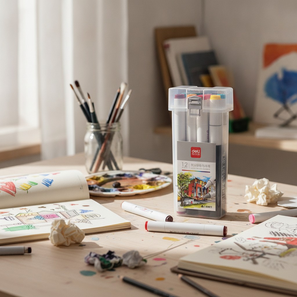 Marqueur de dessin - DELI - Boîte de 12 couleurs - Pointe extra fine - 2 têtes - Encre pigmentée (couleur et disgn aléatoir) - Marjane Mall - Image 3