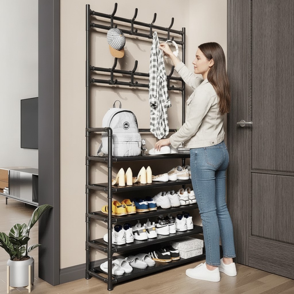 Portemanteau sur pied - Vestiaire avec étagères pour rangement de chaussures - Meuble d’entrée en acier(couleur et design aléatoire) - Marjane Mall - Image 4