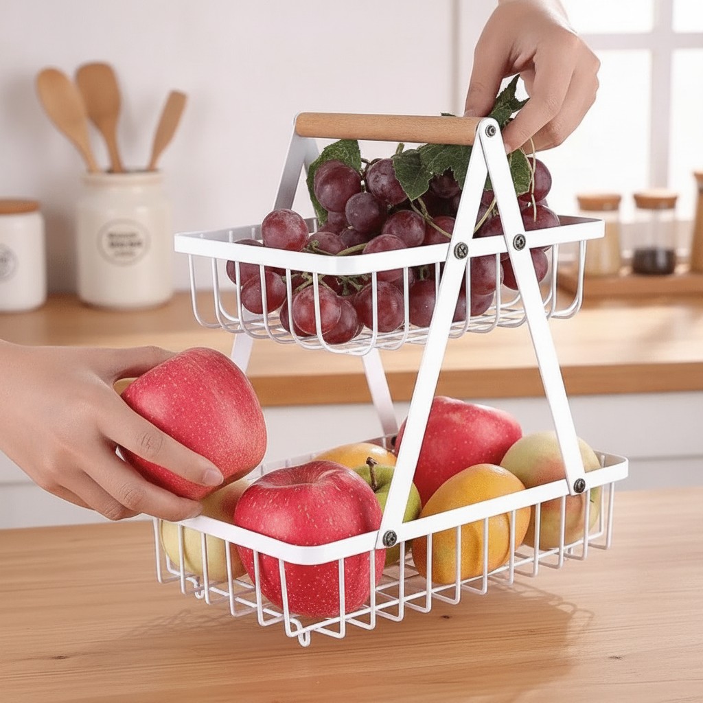 Panier à fruits et légumes à 2 niveaux, avec poignée en bois, pratique et élégant couleur et design aléatoire) - Marjane Mall - Image 4
