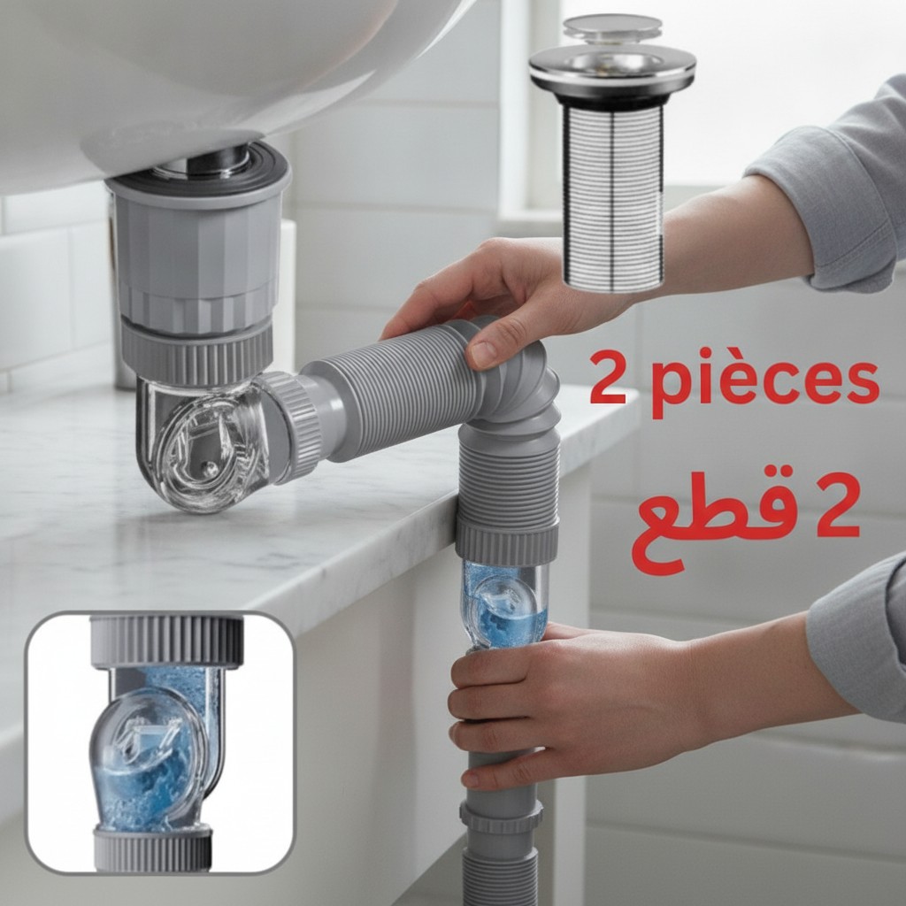 2X Kit de drainage pour lavabo – anti-odeurs et anti-refoulement, idéal pour salle de bain et cuisine.(couleur et design aléatoire) - Marjane Mall - Image 4