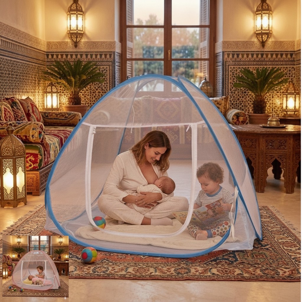 Grande Moustiquaire Pop-Up Autoportante (150x120cm) – Protection Totale pour Lit d'Enfant et Aire (couleur et design aléatoire) - Marjane Mall - Image 4