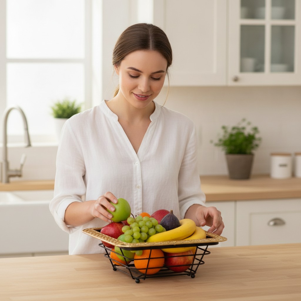 Panier à fruits en métal doré, portable et parfait pour organiser la cuisine.(couleur et design aléatoire) - Marjane Mall - Image 4