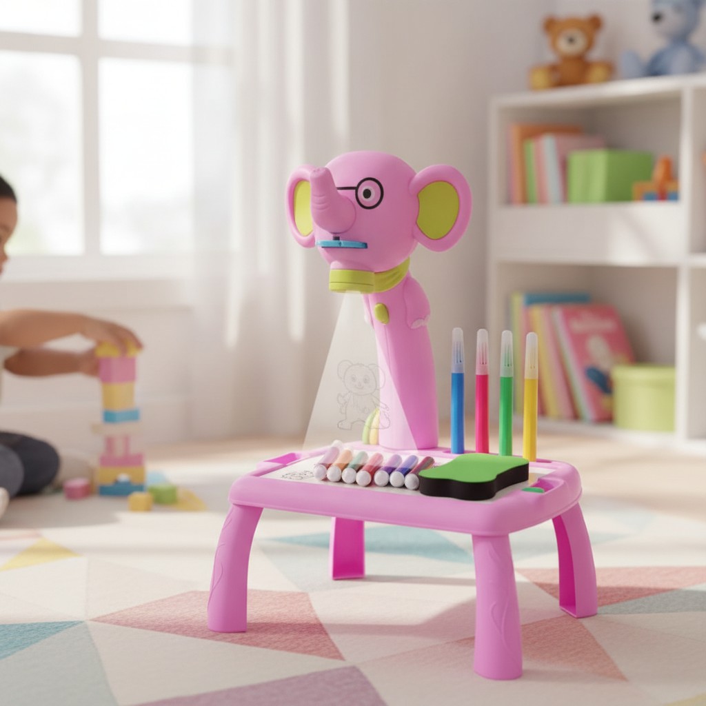 Mini Table de dessin éléphant pour enfants avec projecteur et feutres(couleur et design aléatoire) - Marjane Mall - Image 3