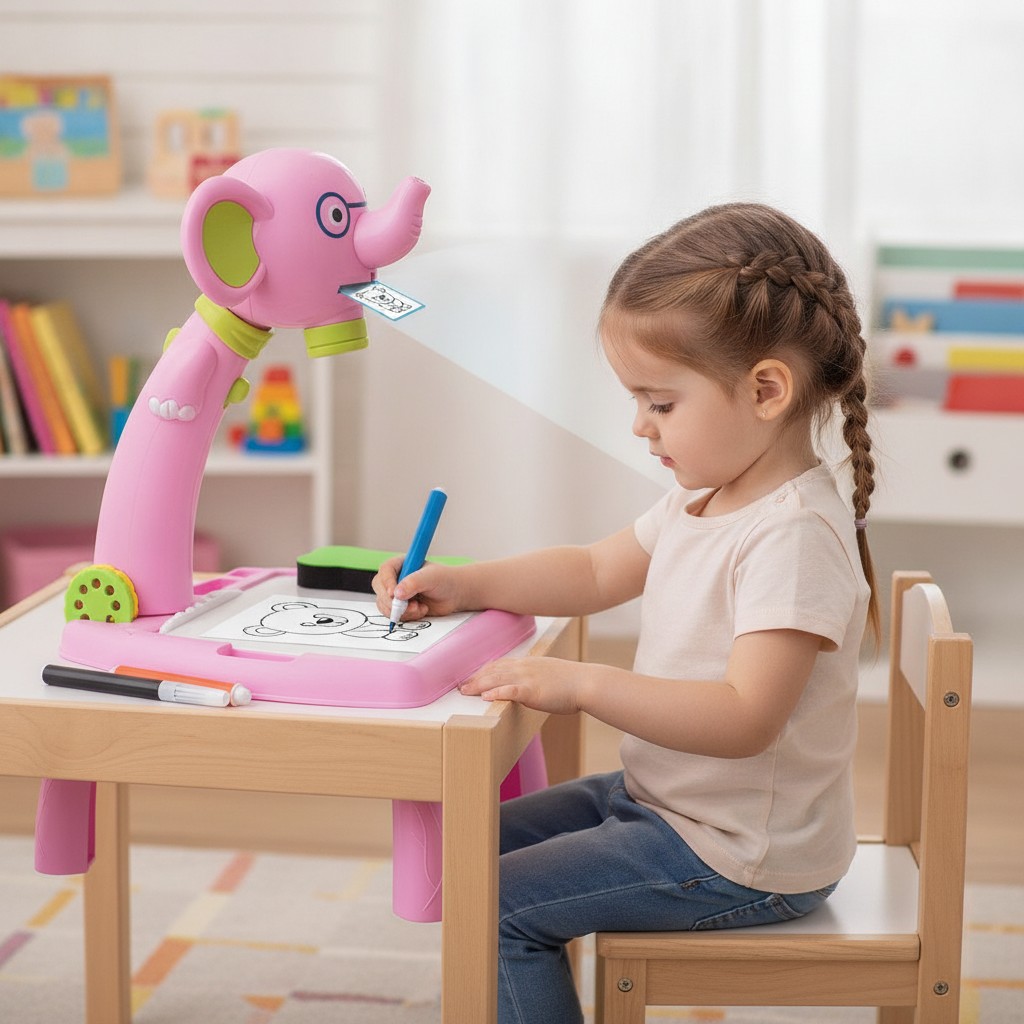 Mini Table de dessin éléphant pour enfants avec projecteur et feutres(couleur et design aléatoire) - Marjane Mall - Image 4