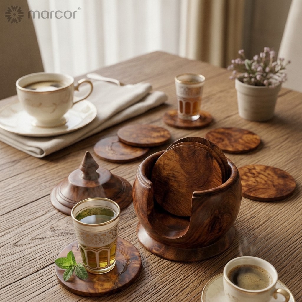 Élégant coffret de 12 sous-verres en ronce de noyer fait main - Protection et style pour vos tables (couleur et design aléatoire) - Marjane Mall - Image 3