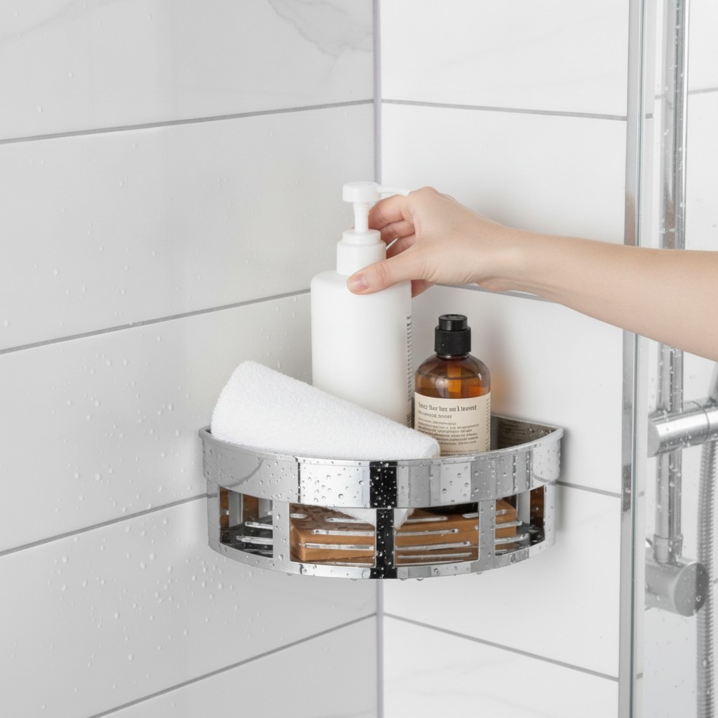Étagère d’angle murale en plastique chromé pour salle de bain – rangement pratique des accessoires de douche - Marjane Mall - Image 4