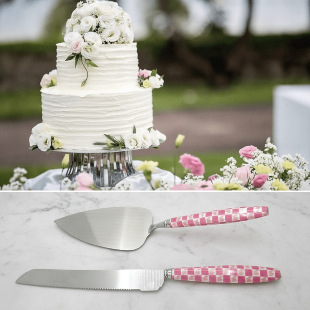 Service à Gâteau Élégant - Ensemble de Découpe avec Manche à Motif Damier Rose(couleur et design aléatoire) - Marjane Mall - Image 2