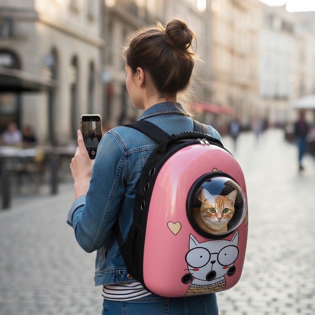 Sac à Dos de Transport pour Chat - Modèle Rose avec Motif Chat et Hublot(couleur et design aléatoire) - Marjane Mall - Image 3