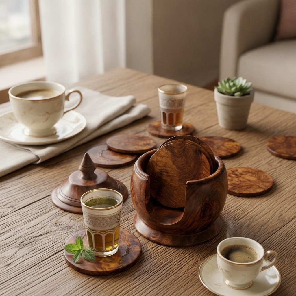Set de Sous-Verres en Bois Massif - Porte-Coaster Élégant avec Couvercle(couleur et design aléatoire) - Marjane Mall - Image 3