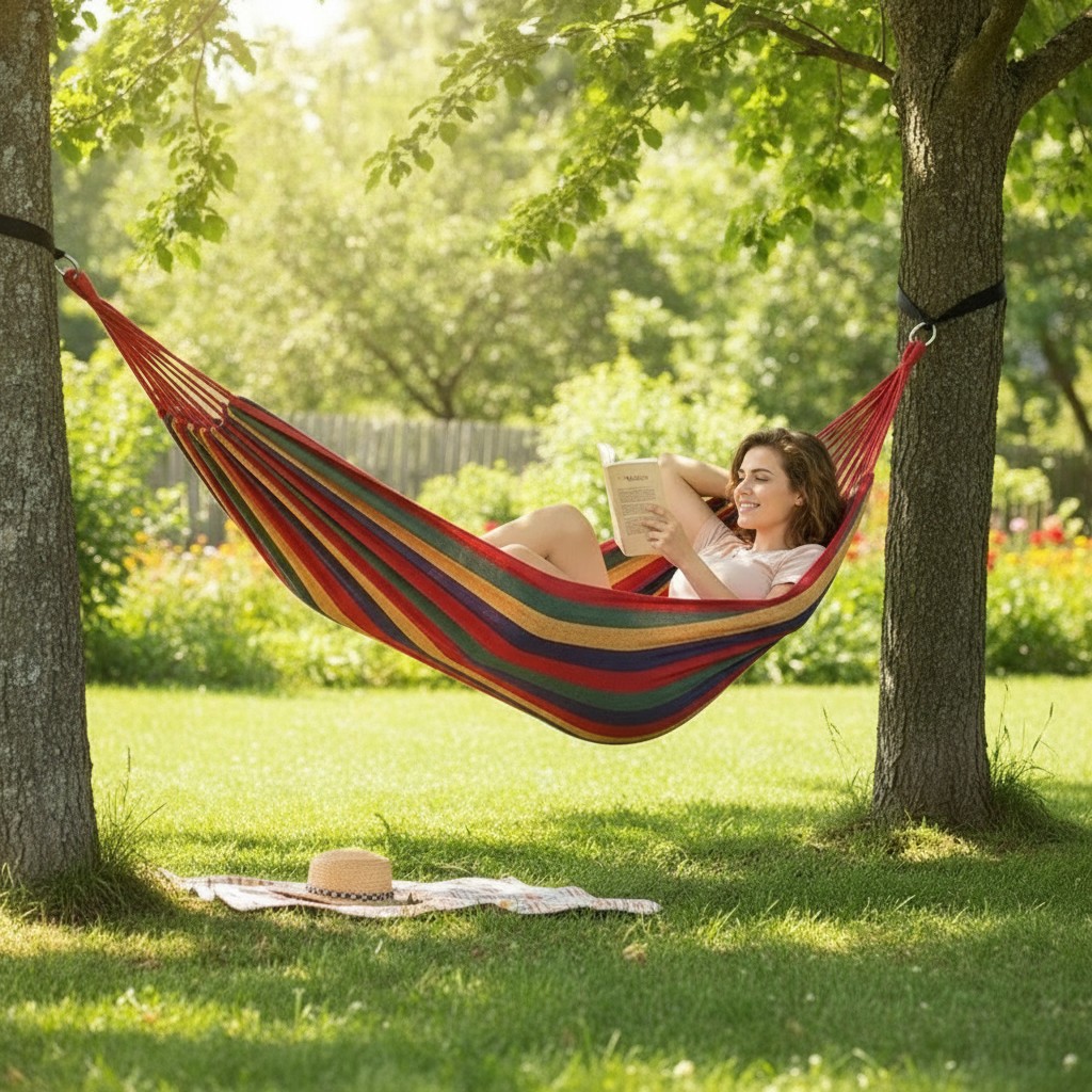 Hamac suspendu rayé multicolore - Toile de détente portable pour jardin et camping.(couleur et design aléatoire) - Marjane Mall - Image 4