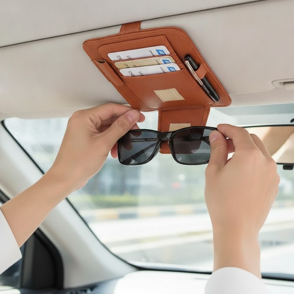 Organisateur Pare-Soleil Voiture en Cuir PU - Porte-Lunettes, Cartes et Stylos pour Auto(couleur et design aléatoire) - Marjane Mall - Image 4