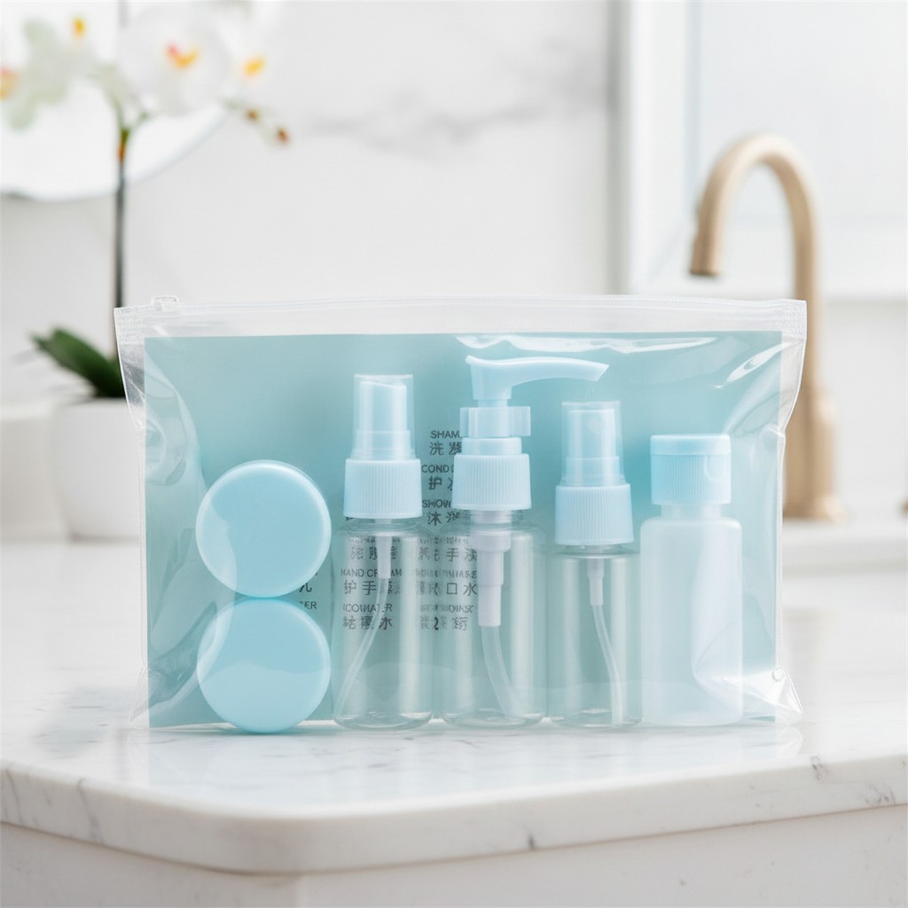 Kit de Voyage pour Cosmétiques - Ensemble de Flacons Rechargeables avec Pochette Transparente	(couleur et design aléatoire) - Marjane Mall - Image 2