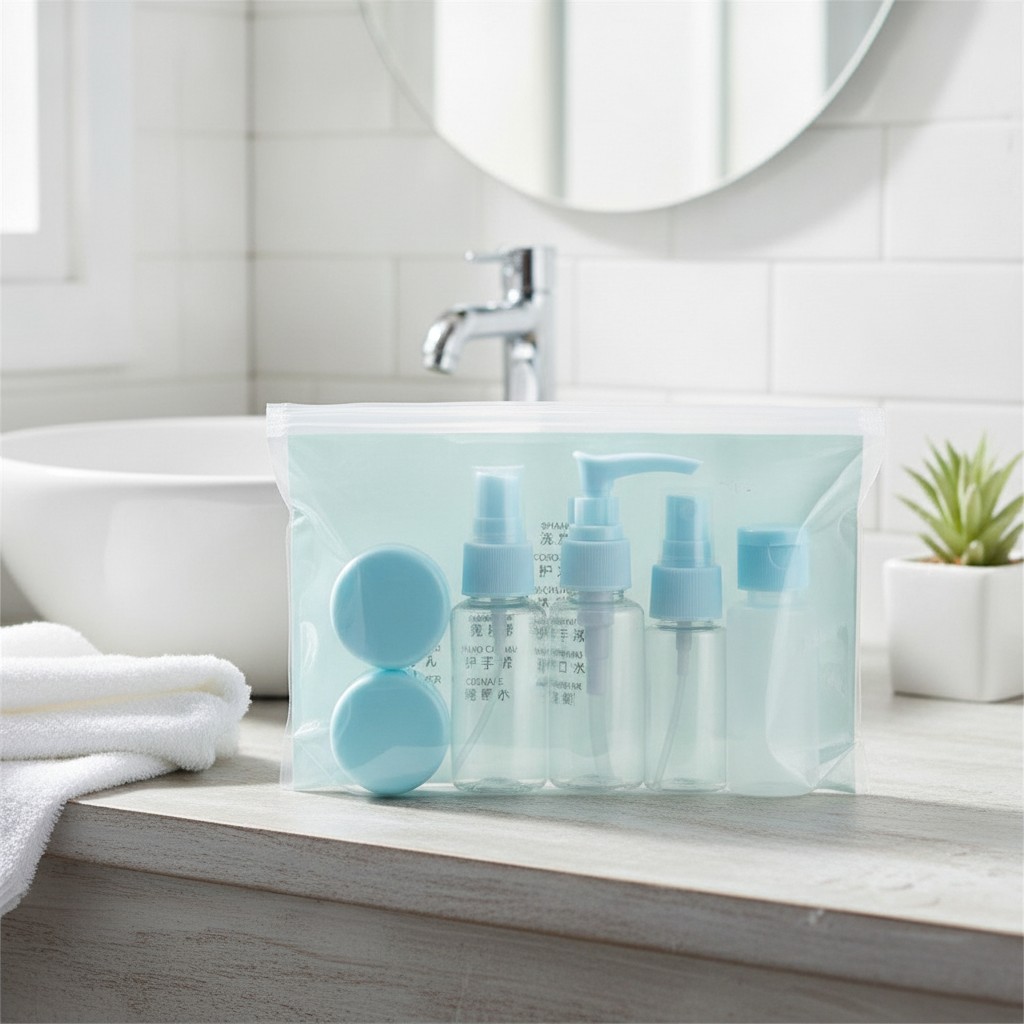 Kit de Voyage pour Cosmétiques - Ensemble de Flacons Rechargeables avec Pochette Transparente	(couleur et design aléatoire) - Marjane Mall - Image 3