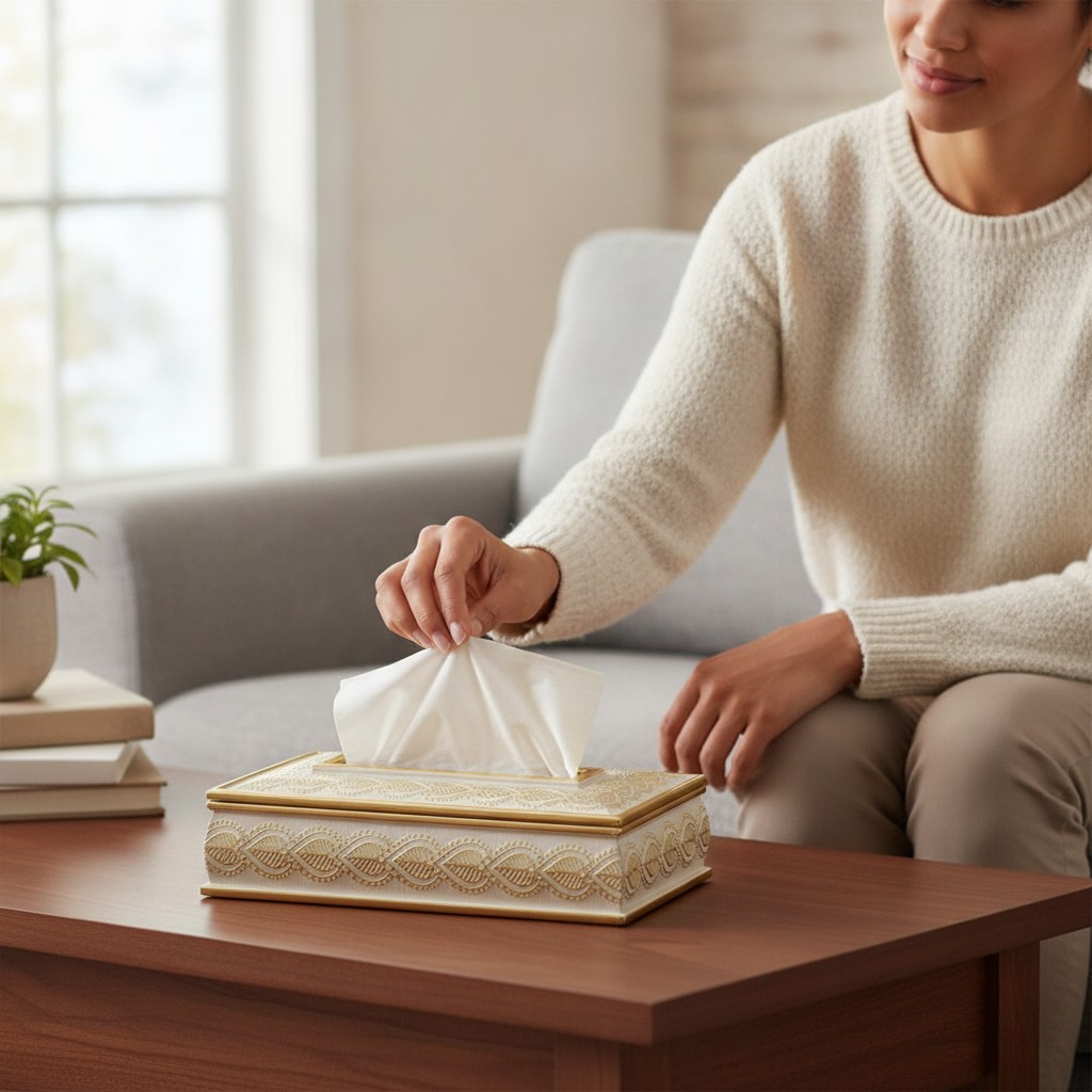 Boîte à mouchoirs en cuir beige et dentelle dorée : un ajout élégant à votre décoration intérieure.(couleur et design aléatoire) - Marjane Mall - Image 3