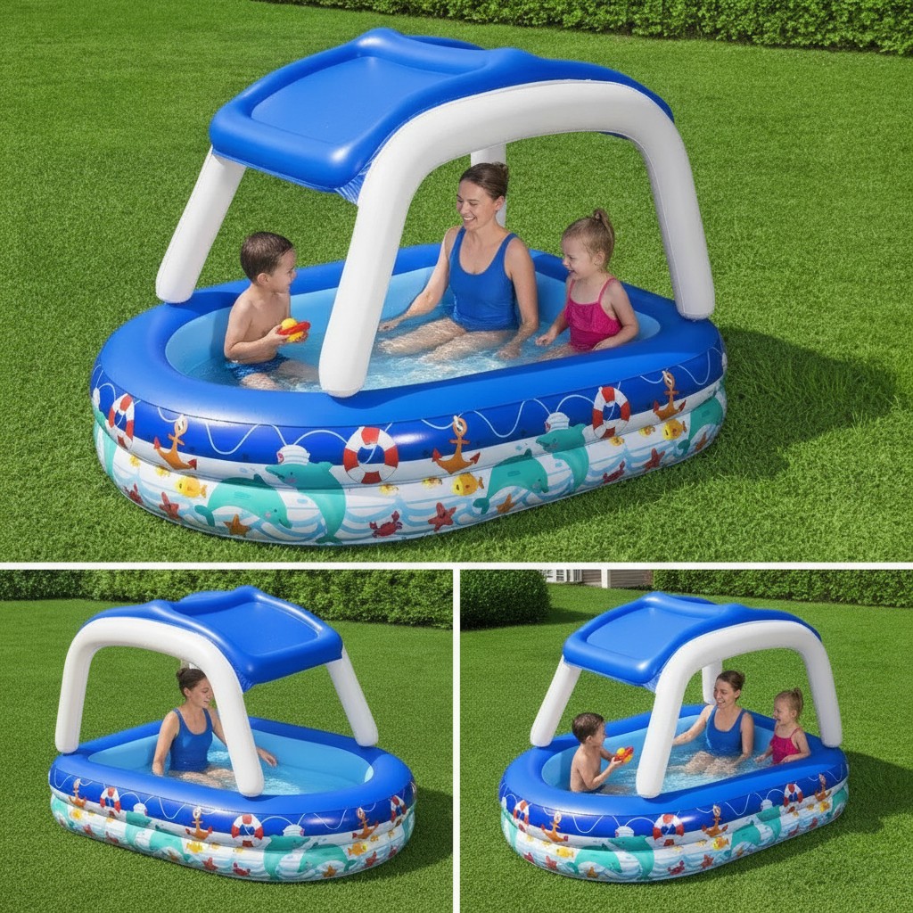 Piscine gonflable avec pare-soleil - Bassin familial ombragé pour enfants et jardin avec motifs marins.(couleur et design aléatoire) - Marjane Mall - Image 4