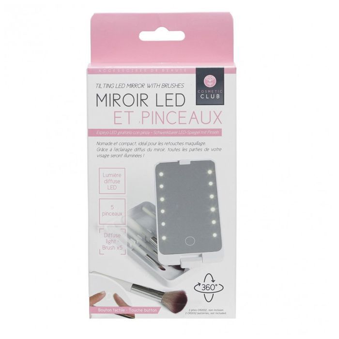 Miroir LED - Cosmetic Club - Noir - 5 pinceaux - Éclairage diffus - Compact et nomade