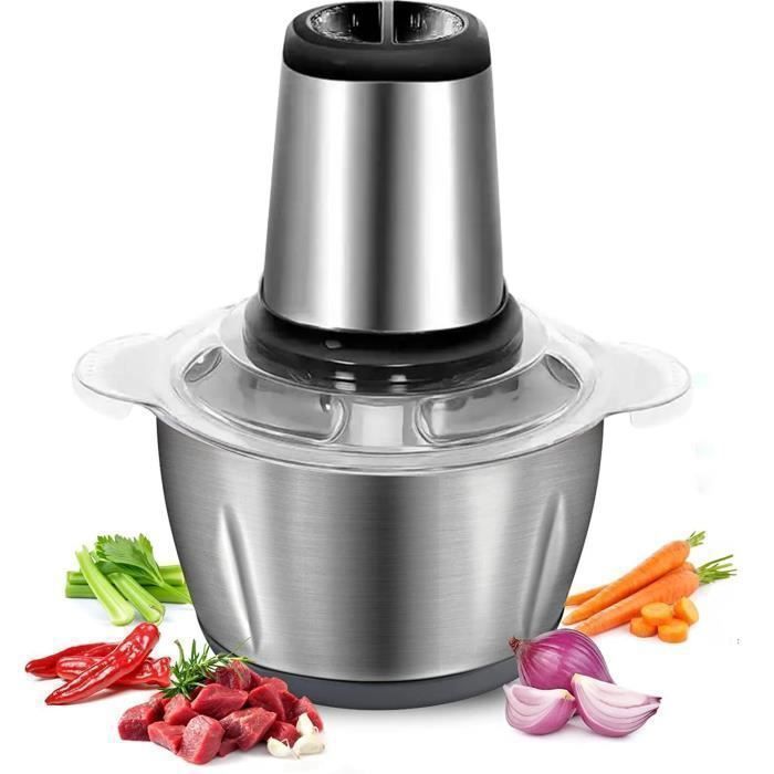 Hachoir électrique et coupe-légumes avec bol en acier inoxydable de 2 litres et 4 lames tranchantes pour trancher, râper, hacher