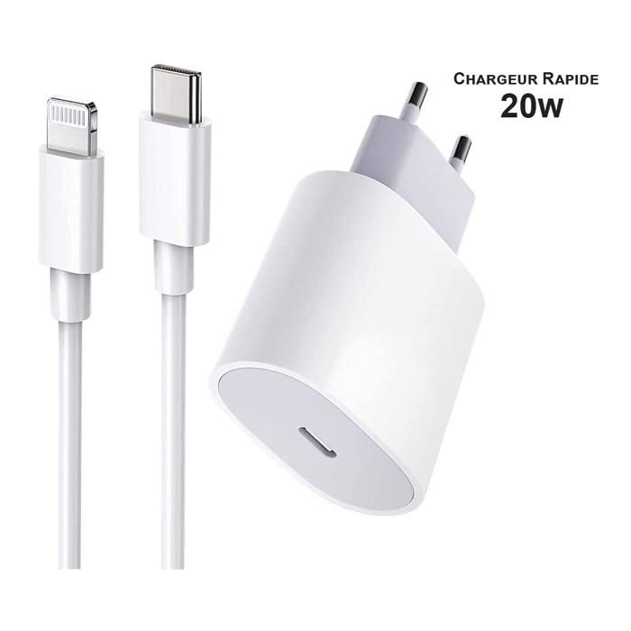 Chargeur iPhone 20W - Aginji® - Compatible iPhone 14/13/12/11/X - Câble 1m USB-C vers Lightning - Charge Rapide