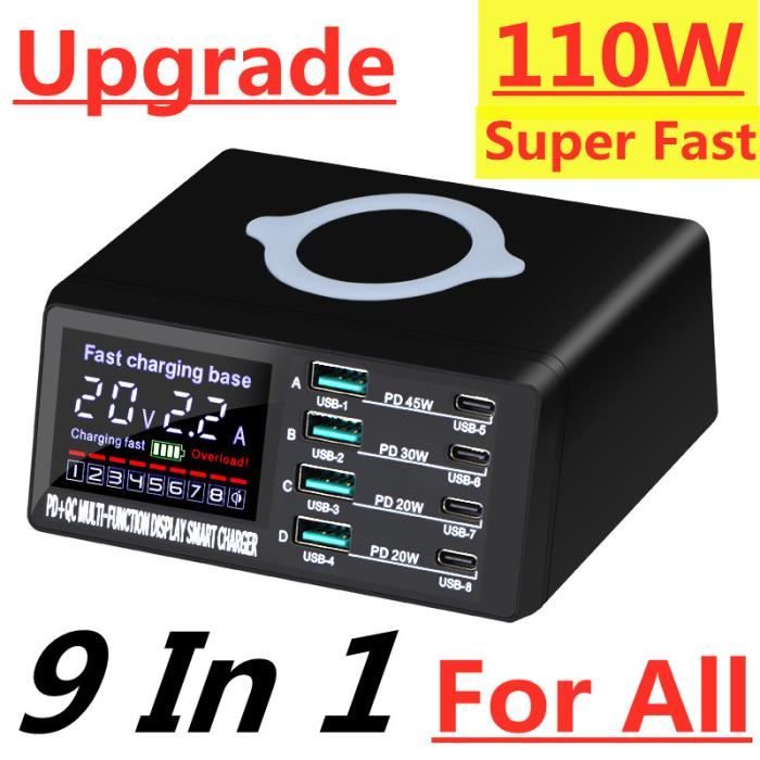 Fédération de russie US Plug-Station de Charge sans fil 110W, 8 Ports USB, QC3.0 PD3.0, Charge rapide pour té
