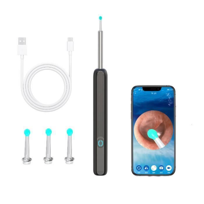 Chine noire-Nettoyeur d'oreille intelligent avec caméra et lampe LED, endoscope, collecteur d'oreille, cuillè
