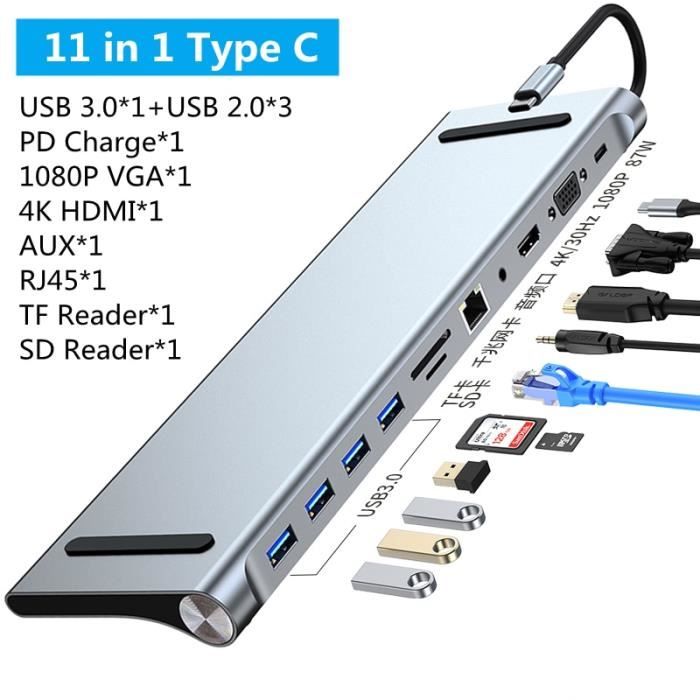 11 en 1 b - Adaptateur Multiport USB type-c , Hub 3.0, HDMI 4K, Ports d'entrée Ethernet RJ45, PD, pour MacBoo