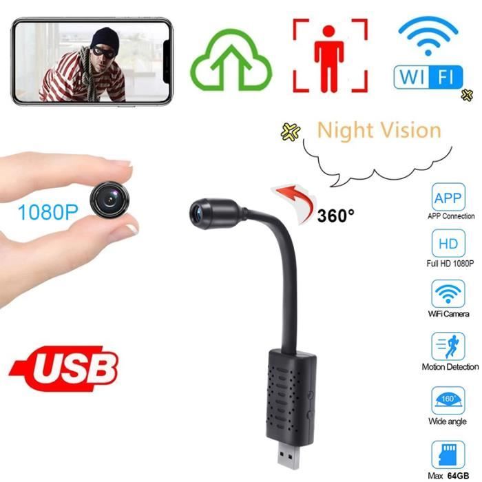 la couleur noire Mini caméra WIFI USB 1080P, avec Vision nocturne, détection de mouvement, 64 go, application