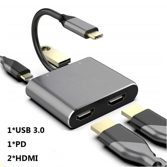 HD 4 en 1 - Hub USB 3.0 4K 60Hz, USB type c vers double HDMI, Station'accueil, extension'écran pour MacBook A