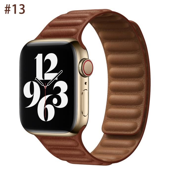 42mm or 44mm or 45mm - Café - Bracelet En Cuir Original Pour Apple Watch, Série 7 6 Se Boucle Magnétique, Iwa