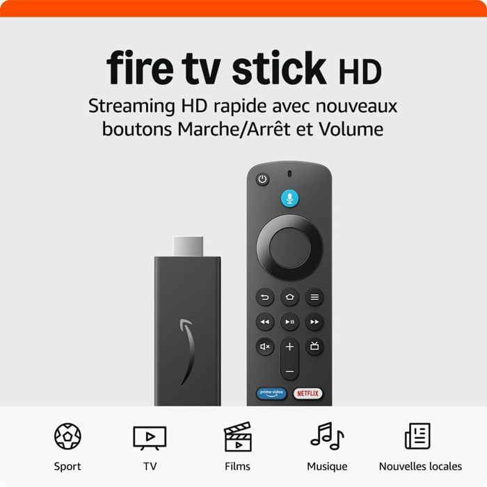 Smart TV Box amazon Fire TV Stick Clé Full HD, 8 Go avec WiFi, Bluetooth et assistant vocal, connexion HDMI, télécommande vocale.