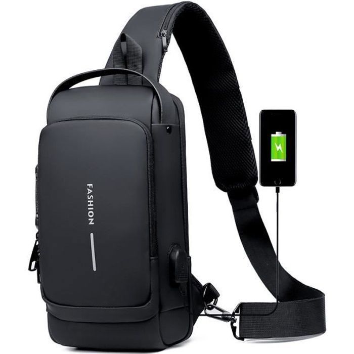Sacoche Bandouliere Antivol Imperméable pour Sport Voyage Homme Sac de Poitrine avec Port de Charge USB Verrou Mot Passe Noir